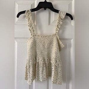 Patrons of Peace Cream and Blue Polka Dot Top